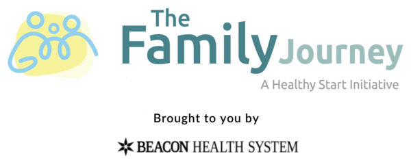 The Family Journey: A Healthy Start Initiative, brought to you by Beacon Health System.  A stylized blue graphic of a family of three is on a yellow background.