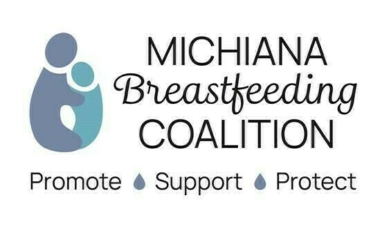 Michiana Breastfeeding Coalition logo. A stylized adult and child in teal and periwinkle embrace within a teardrop shape. Below, the words "Promote," "Support," and "Protect" are separated by teardrop icons.