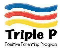 Logo for Triple P Positive Parenting Program. Three wavy brushstrokes in blue, red, and yellow are above the bold black text "Triple P" and smaller text "Positive Parenting Program."