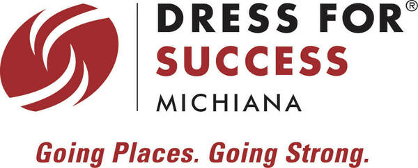 Dress for Success Michiana logo. A red oval with white curved lines forming an 'S' shape. To its right, "DRESS FOR®" in black, "SUCCESS" in red, and "MICHIANA" in black. Below, the red italicized tagline "Going Places. Going Strong."