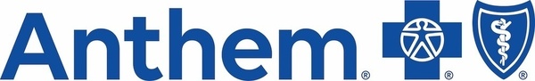 A blue Anthem logo featuring the company name in text, a cross symbol with a stylized human figure, and a shield symbol with a white staff of Asclepius.